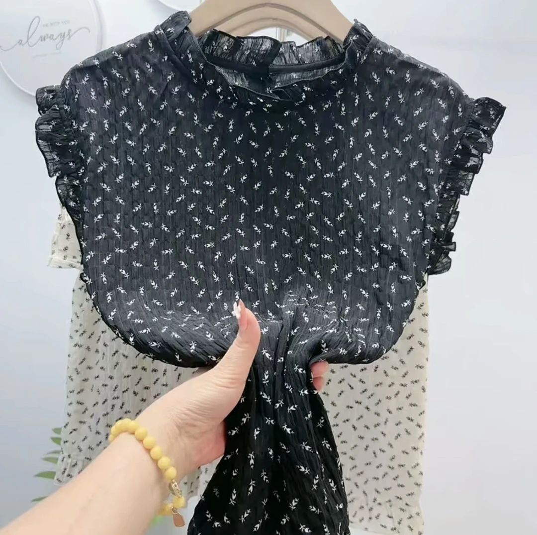 2025夏季新款韩版时尚宽松显瘦百搭减龄上衣圆领无袖碎花衬衫女