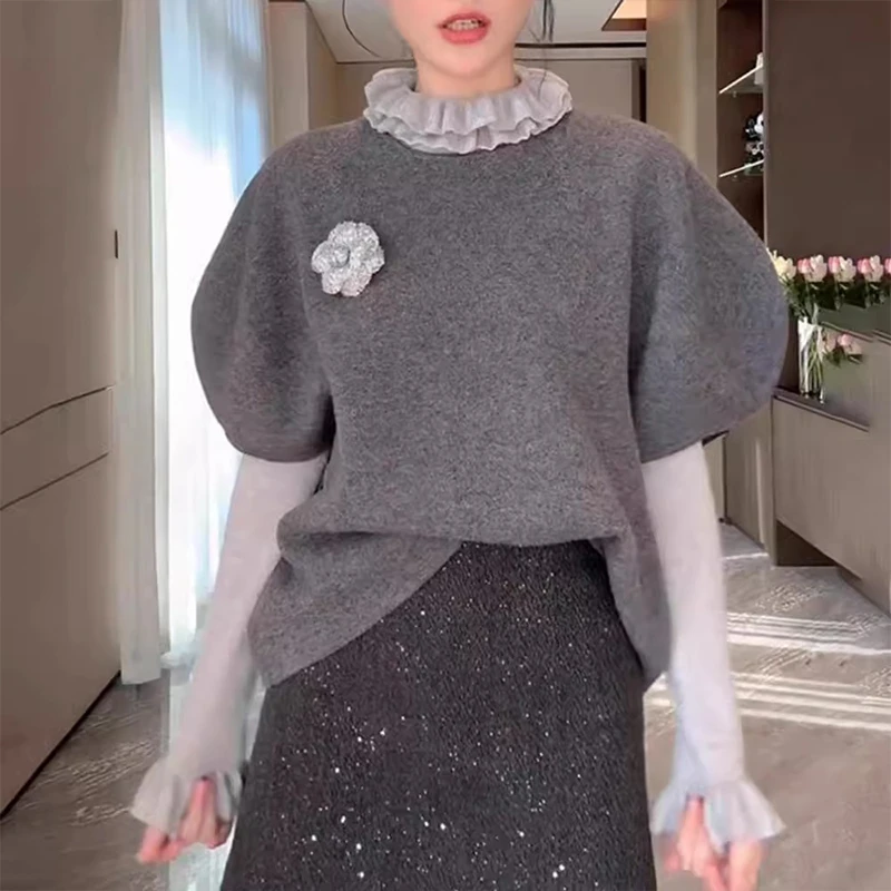 法式木耳边针织打底衫女士2025秋冬内搭高级感叠穿毛衣马甲两件套