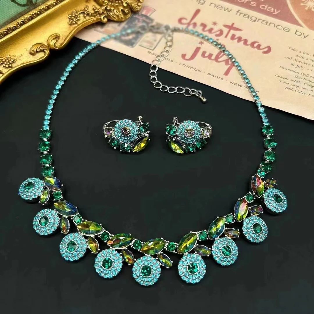 幻彩水钻宫廷孔雀珐琅项链耳环