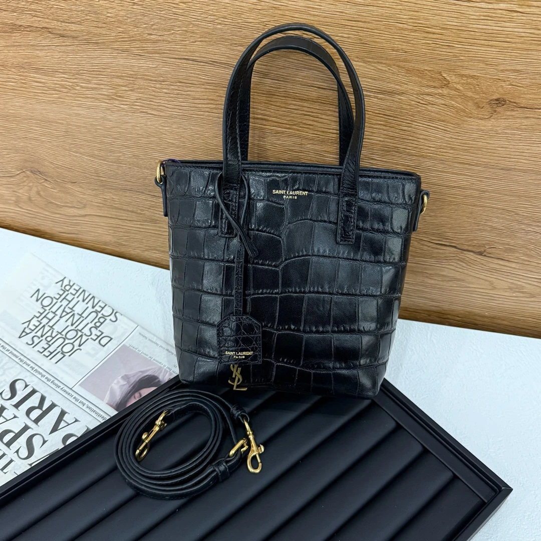99新 YSL/圣罗兰 黑金压纹mini tote水桶包16038731