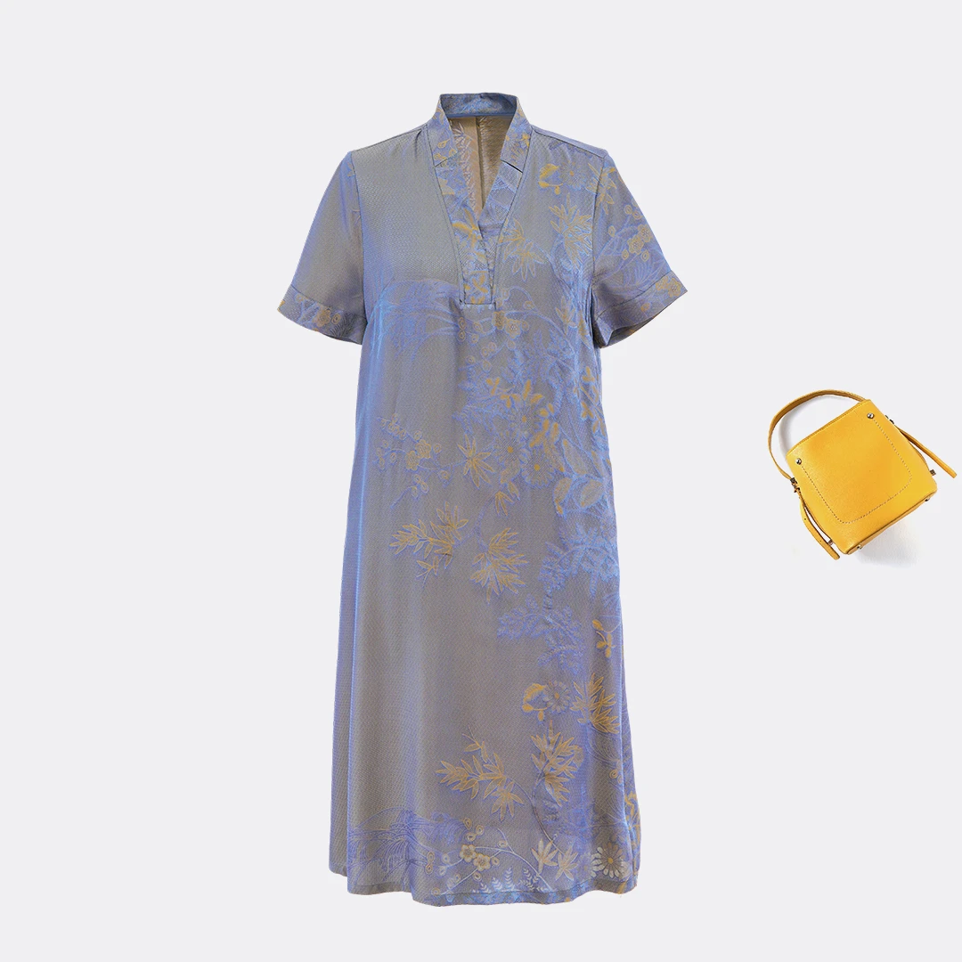 双色提花缎51%桑蚕丝中国风短袖高端新中式碎花真丝女装连衣裙