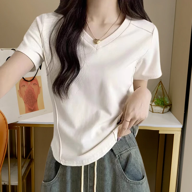 V领鱼骨正肩短袖t恤女春夏修身设计感打底衫内搭显瘦洋气白色上衣