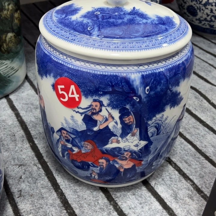 高***音陶纪念瓷器蓝底款八仙图东瓜罐