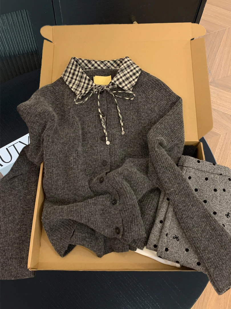 韩系甜美学院风格子拼接翻领毛衣女秋冬洋气系带长袖针织开衫上衣