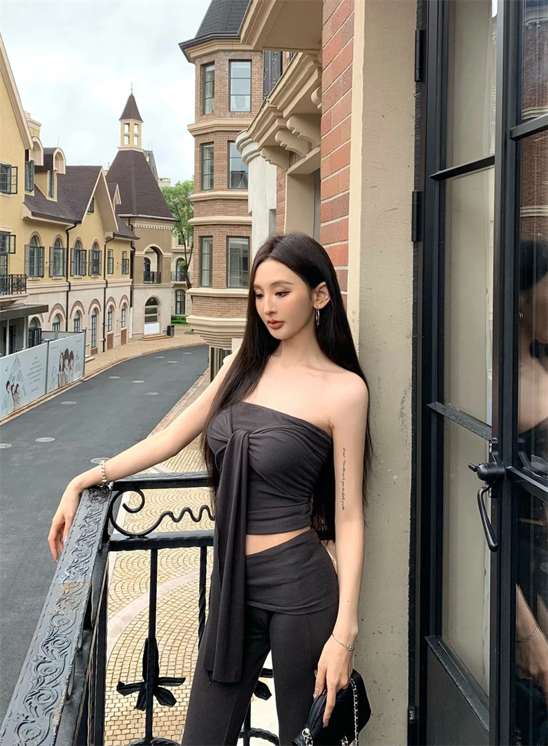 韩系多种穿搭设计感抹胸上衣+高弹显瘦长裤两件套套装#8205