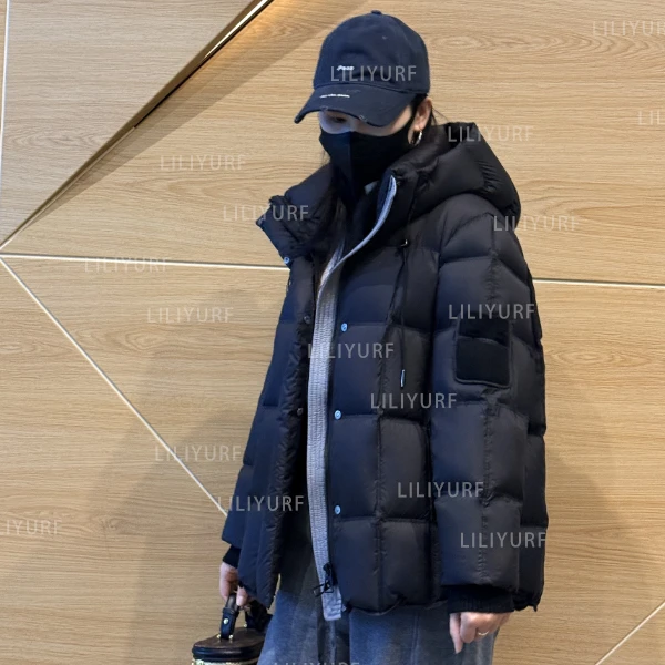 2025新款多色格纹设计加厚保暖针织拼色连帽羽绒服外套