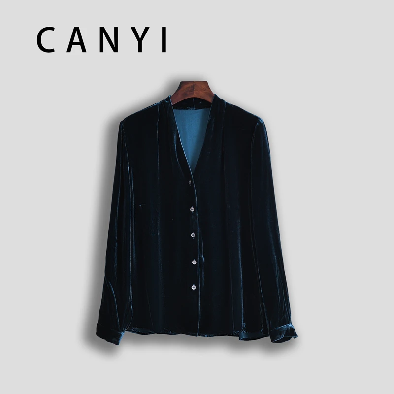 【璨衣】100%桑蚕丝 丝绒 简约舒适优雅风 V领单排扣小开衫70238