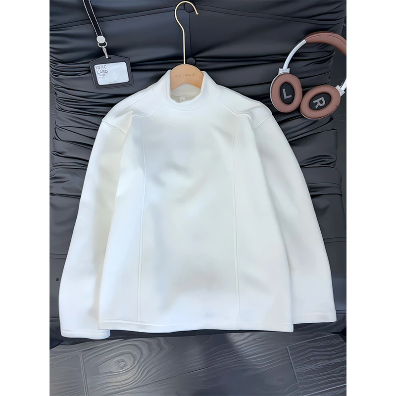 白色半高领德绒打底衫男秋冬加绒加厚卫衣设计感解构内搭正肩上衣