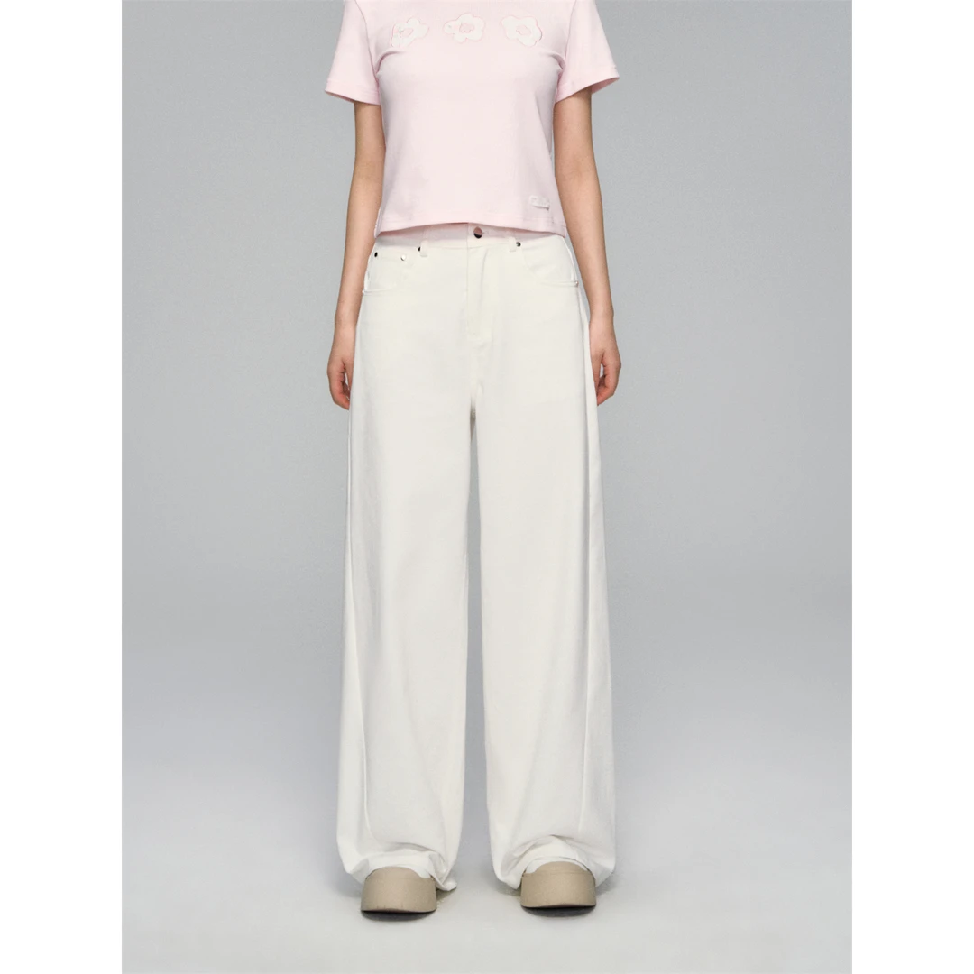 AsGony 白色弯刀显瘦百搭牛仔裤女夏季薄款时尚休闲高腰阔腿长裤