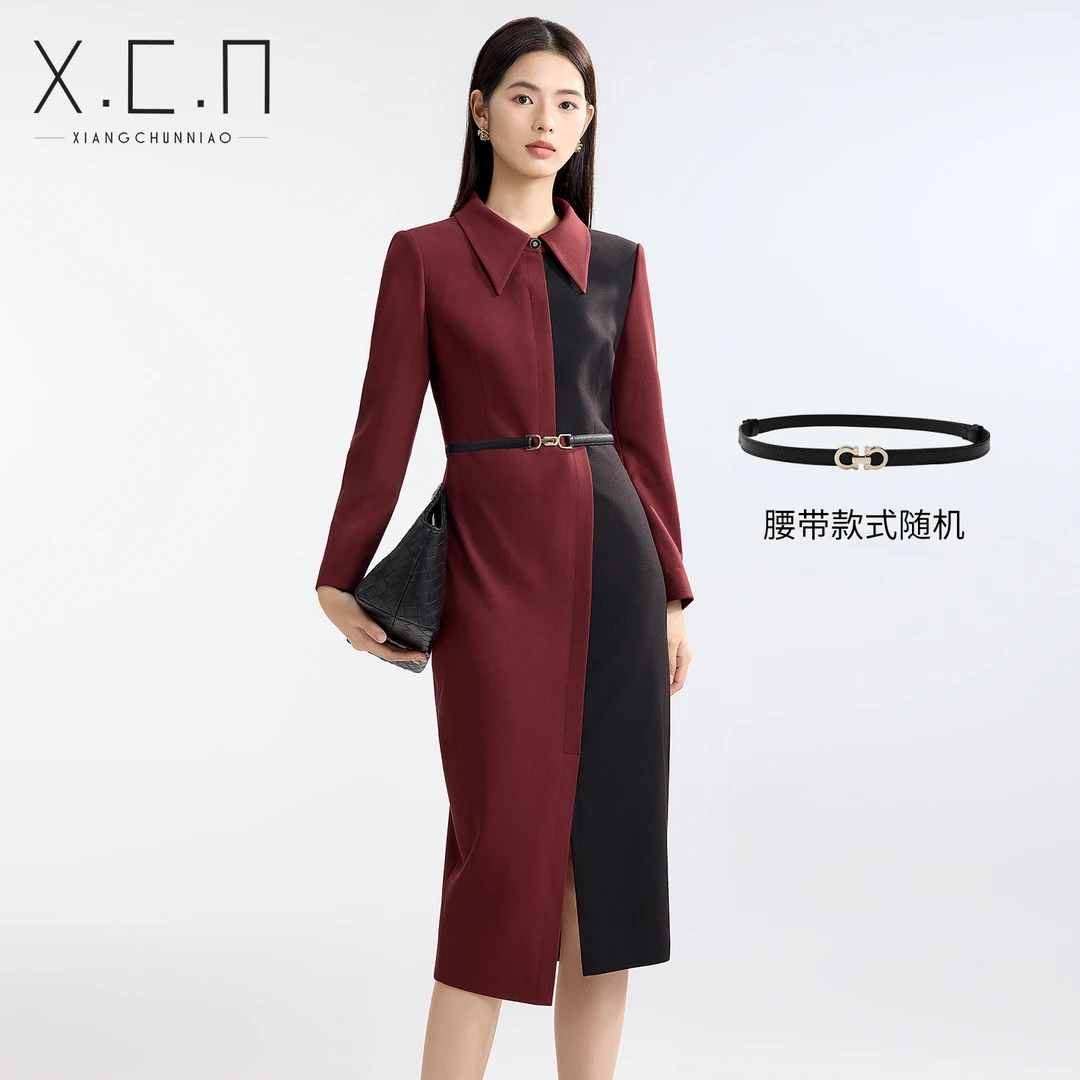 祥春鸟撞色拼接职业西装连衣裙女秋冬高腰显瘦商务通勤面试正装裙