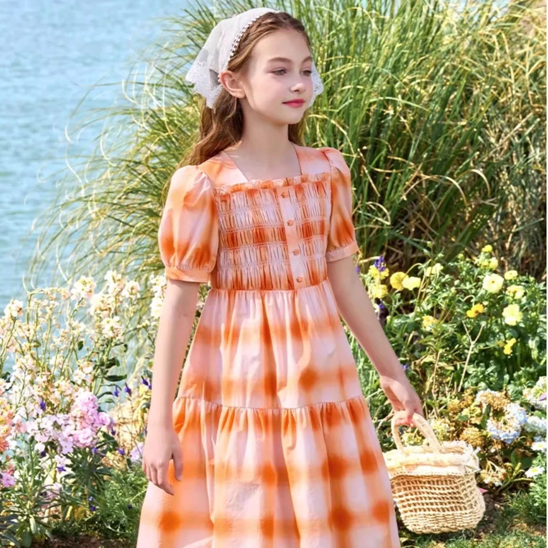 女童纯棉格纹连衣裙夏装新款洋气中大童多巴胺裙子儿童公主裙1036