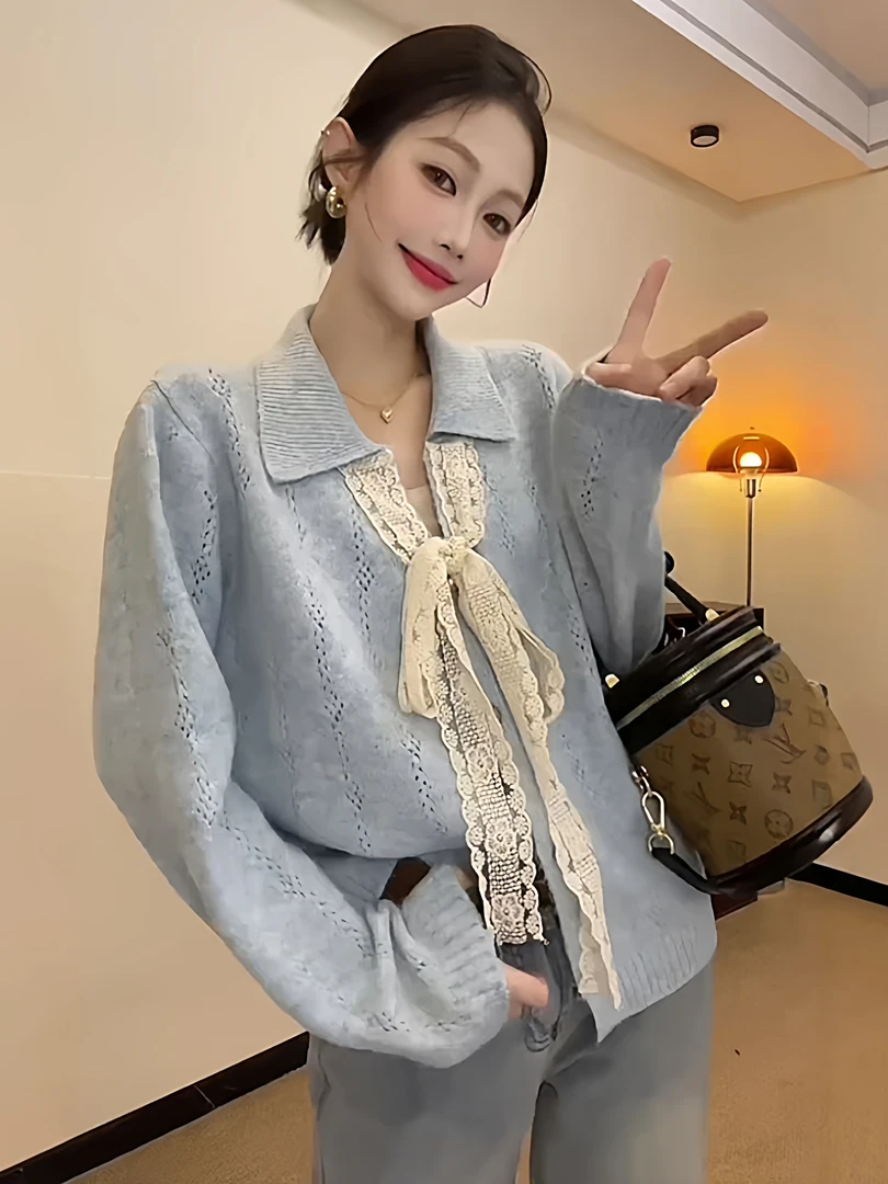 秋冬穿搭蕾丝系带毛衣女款2025新款时尚洋气减龄镂空针织开衫上衣