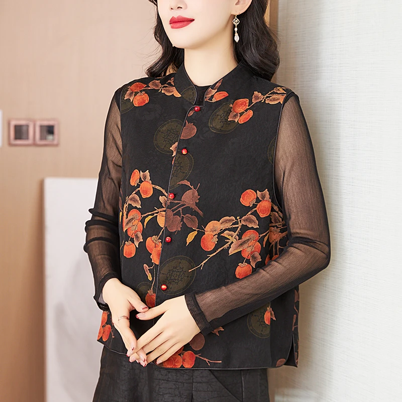 双面穿新中式马甲女春夏新款立领印花中老年妈妈马夹背心坎肩外套