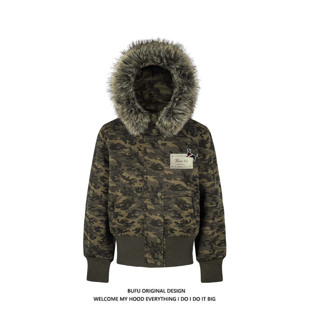 【官方店】亿万少年BUFU迷彩连帽短款毛领卫衣外套女辣妹座山雕上衣