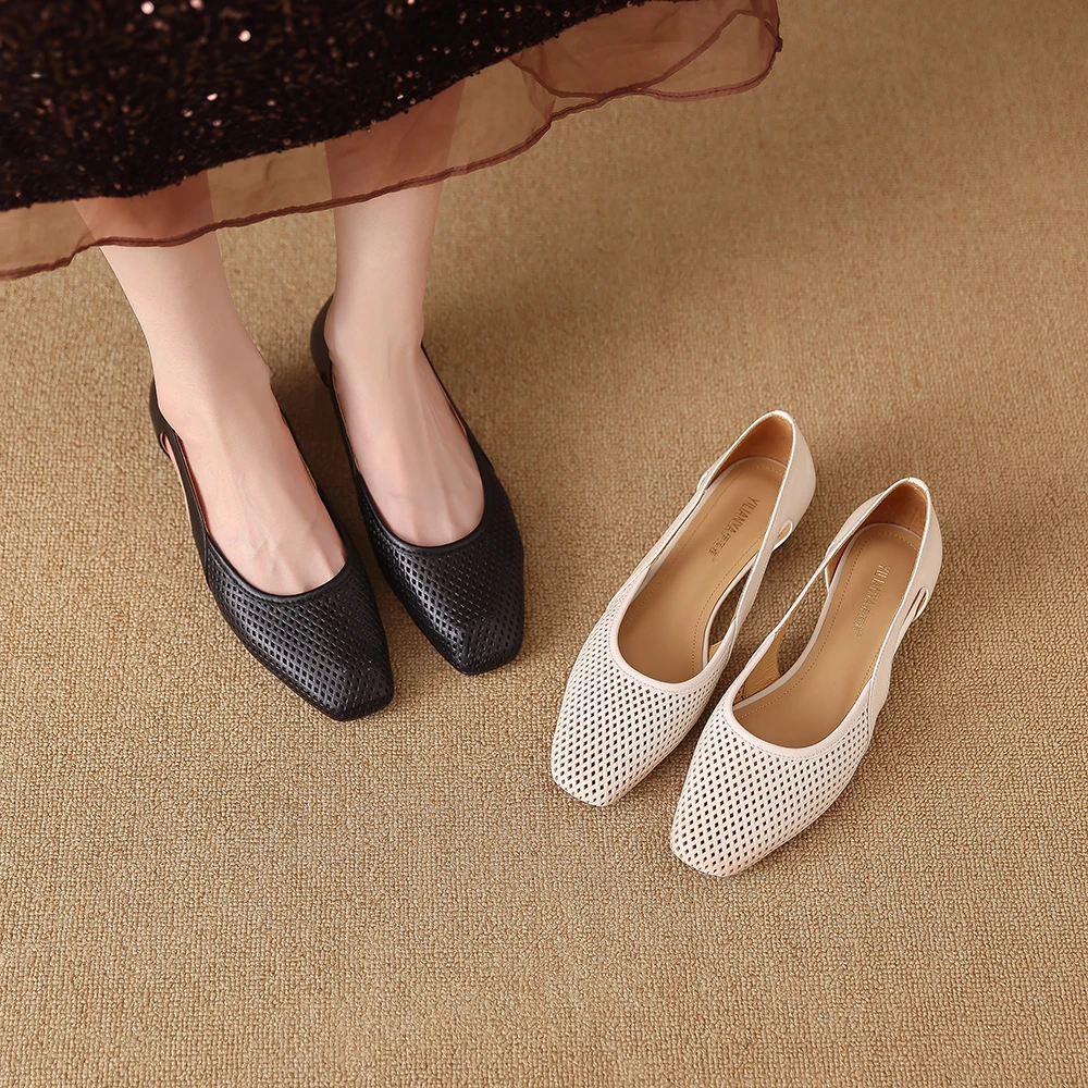 B338-3906早春夏季新镂空单鞋优雅时尚低跟舒适百搭真皮女鞋