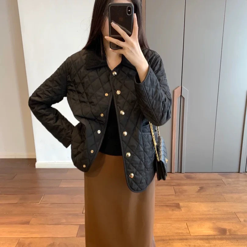 【清仓甩卖】法式高级感轻薄直筒宽松菱形格棉服气质百搭保暖外套