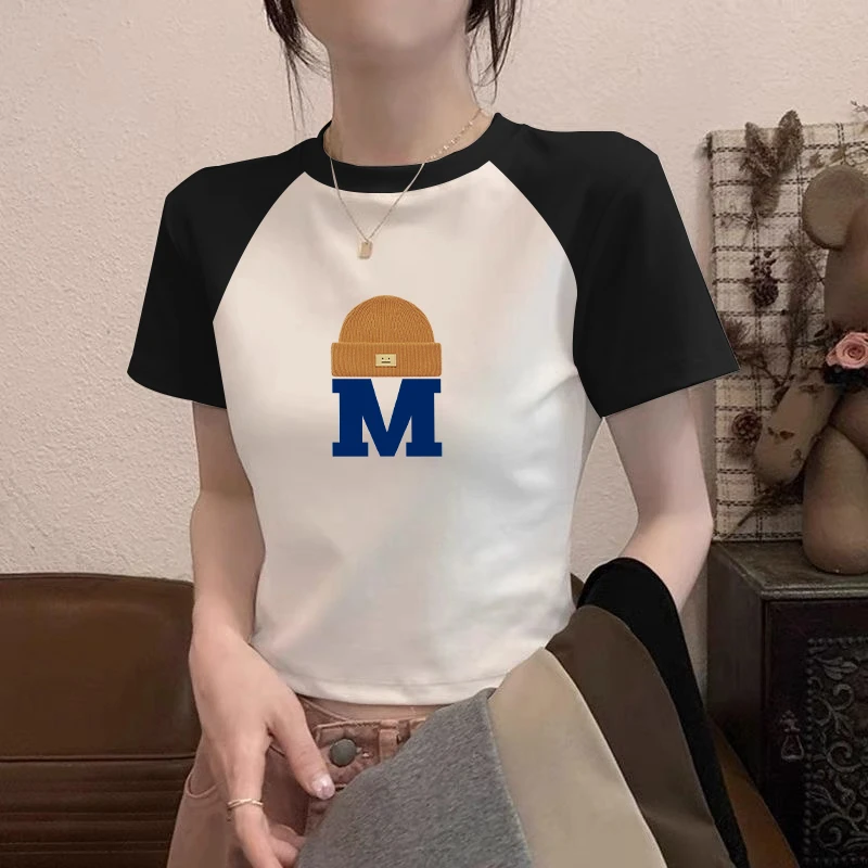 小众正肩圆领修身显瘦短袖t恤夏季新款洋气减龄字母印花女装上衣