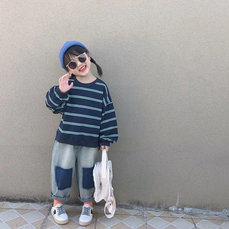 女童牛仔套装2023春秋新款条纹上衣＋休闲牛仔裤韩国童装52038