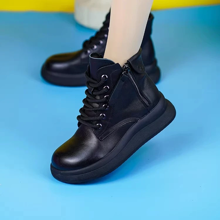 25957冬季头层牛皮厚底短靴羊毛皮毛一体加绒保暖棉靴真皮马丁靴