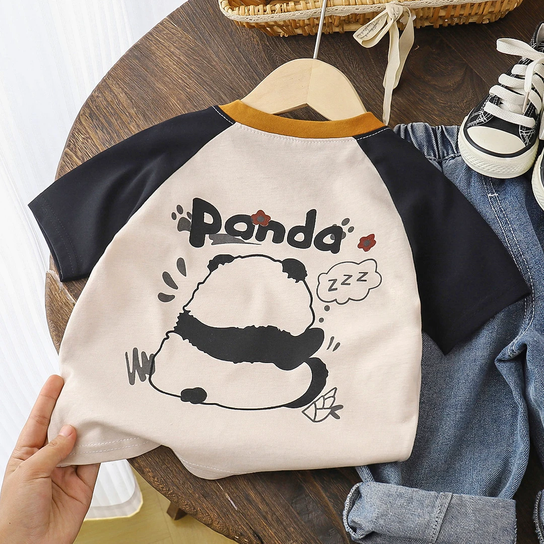 2025纯棉擦肩短袖T恤熊猫男童夏季爆款卡通宽松休闲上衣