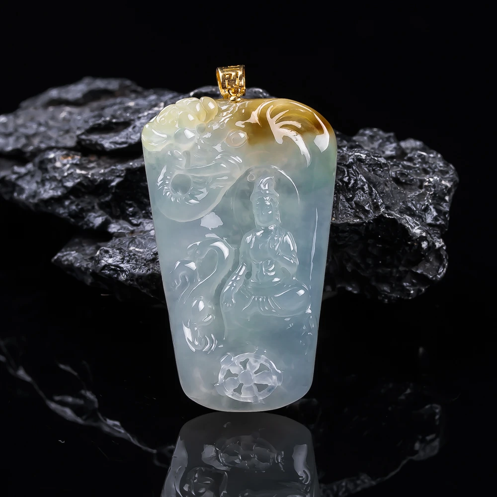 缅甸翡翠吊坠冰润黄翡普贤观音菩萨挂件18k金扣头镶嵌天然A货