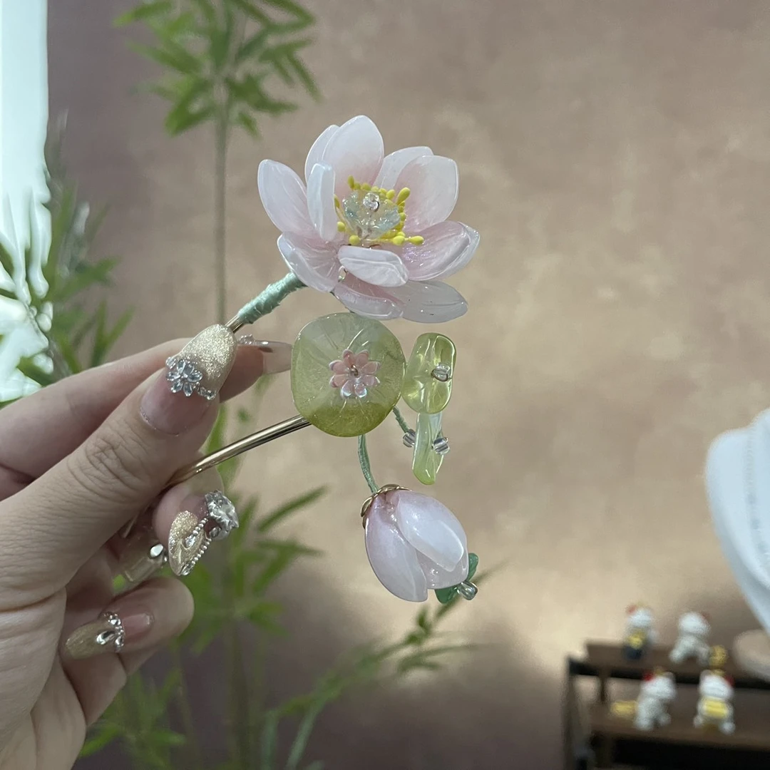 中国风荷花u型发钗夏季新款荷叶头饰发钗汉服配饰