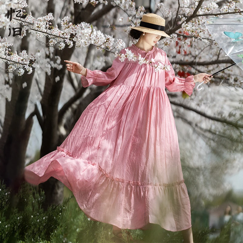 【捕捉春意】复古苎麻连衣裙女2025年春轻薄飘逸粉色温柔荷叶边裙