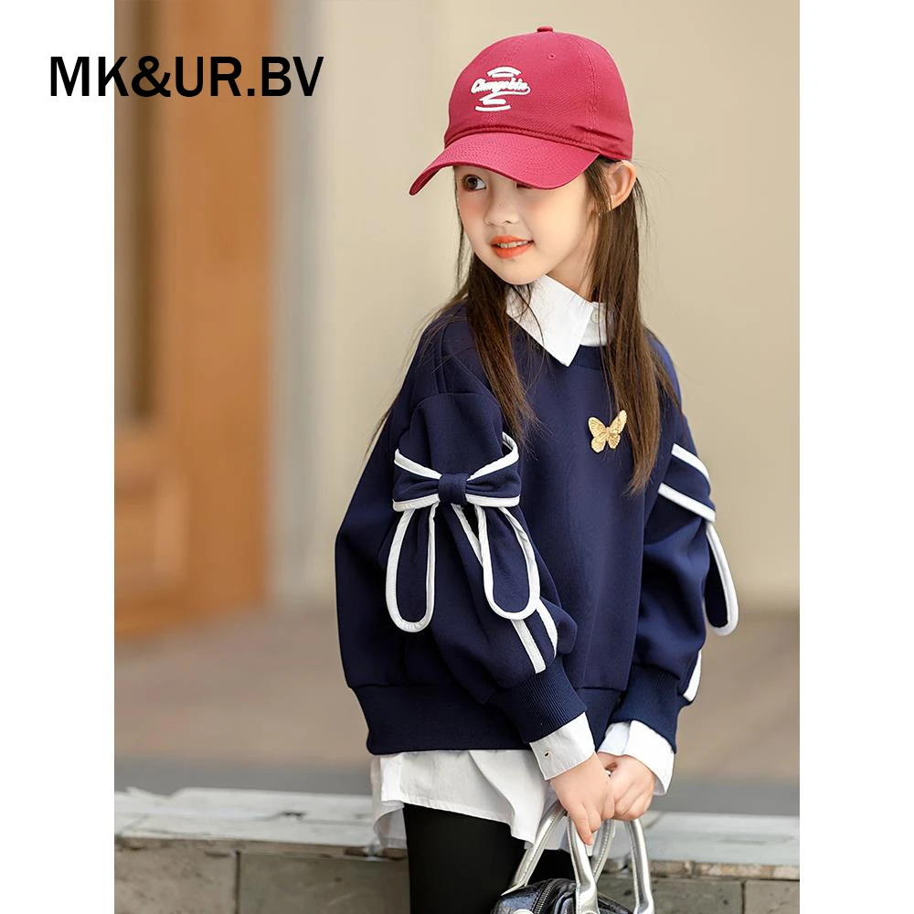 MK&UR.BV女童秋装2025年新款洋气时髦韩版蝴蝶结假俩件儿童卫衣