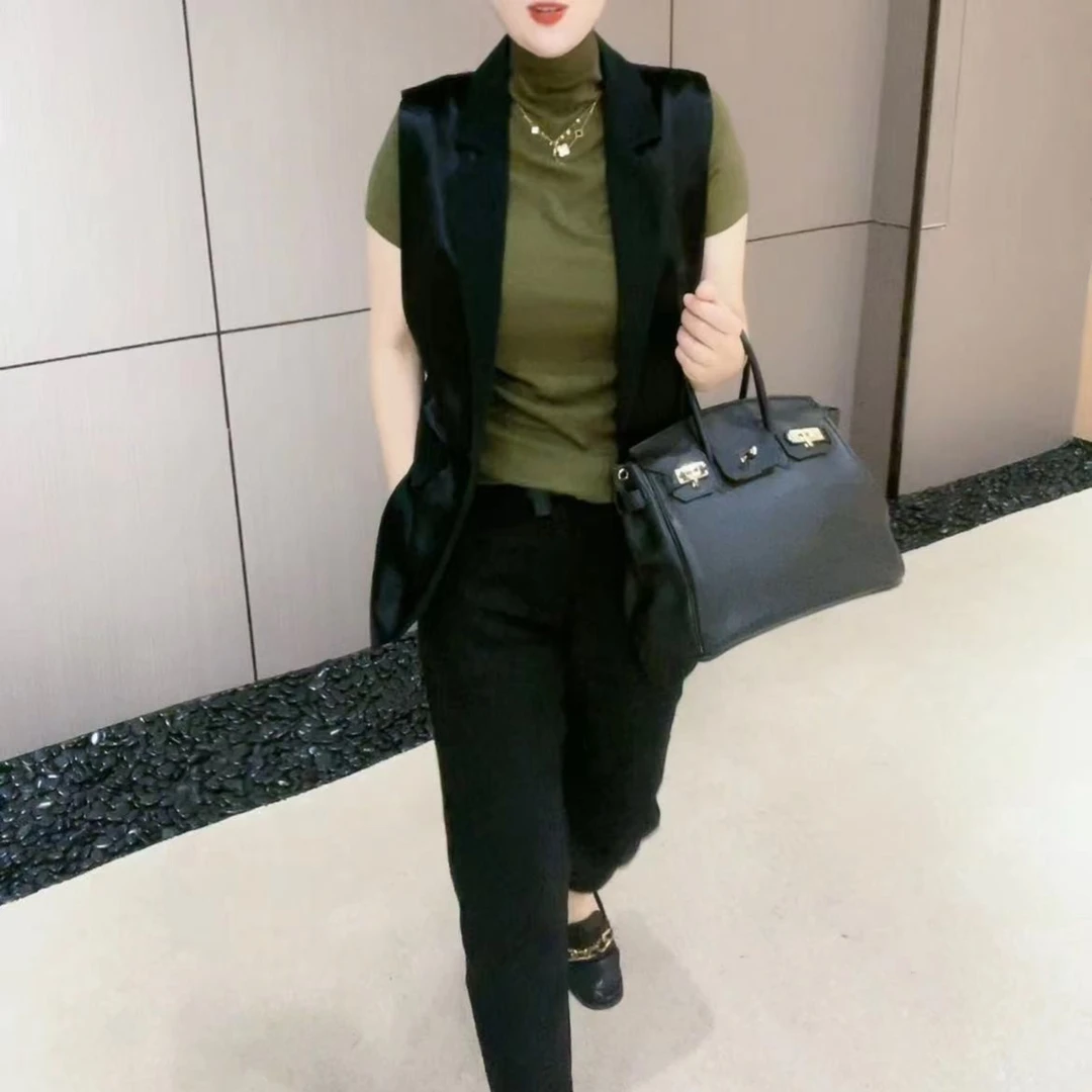 FL气质时尚休闲舒适亲肤女士百搭黑纯色修身无袖西装马甲【735】