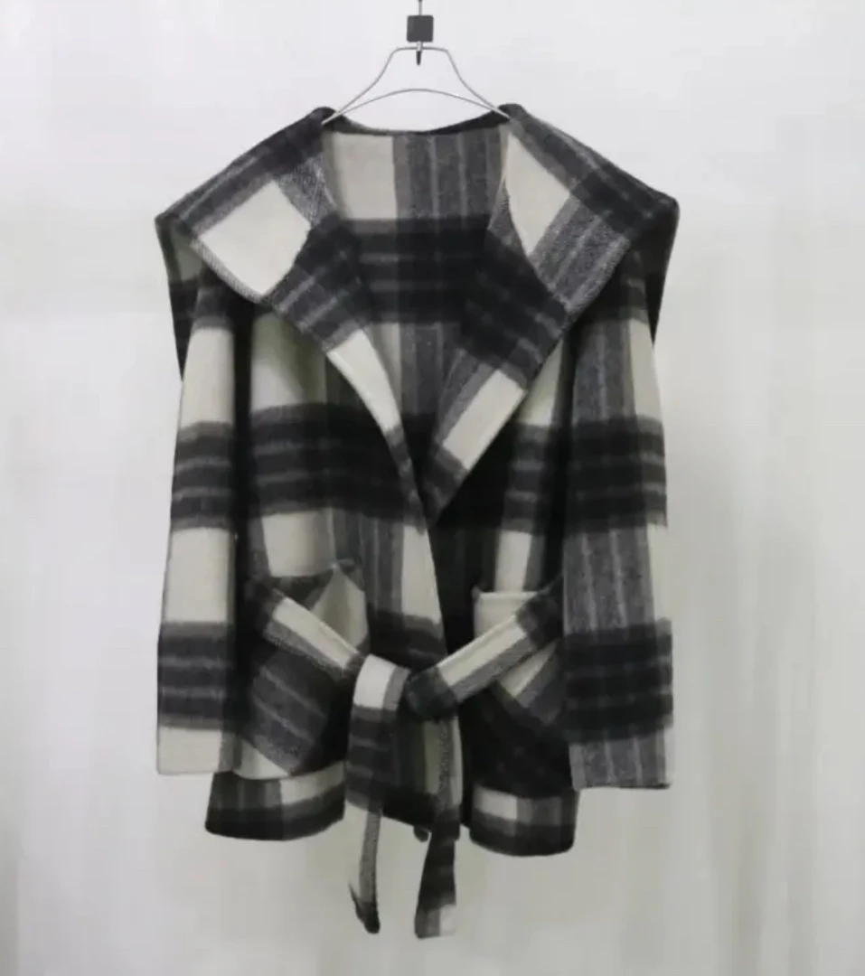 时尚休闲百搭女士拉链连帽毛呢秋冬格子大衣双面羊毛大衣