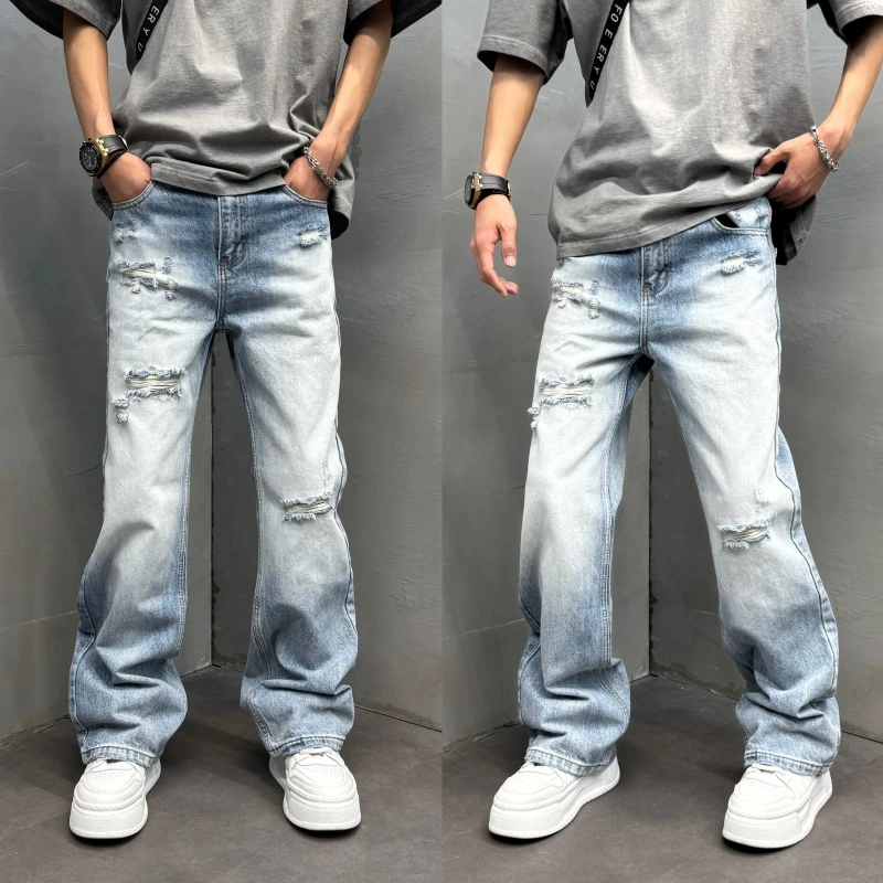 秋冬美式复古水洗破洞牛仔裤做旧脏染乞丐直筒裤男宽复古脏染破洞