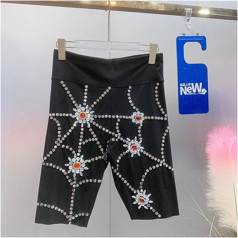 HH4877欧美风设计师2024夏季新款重工钉珠钻蜘蛛网五分打底单车裤