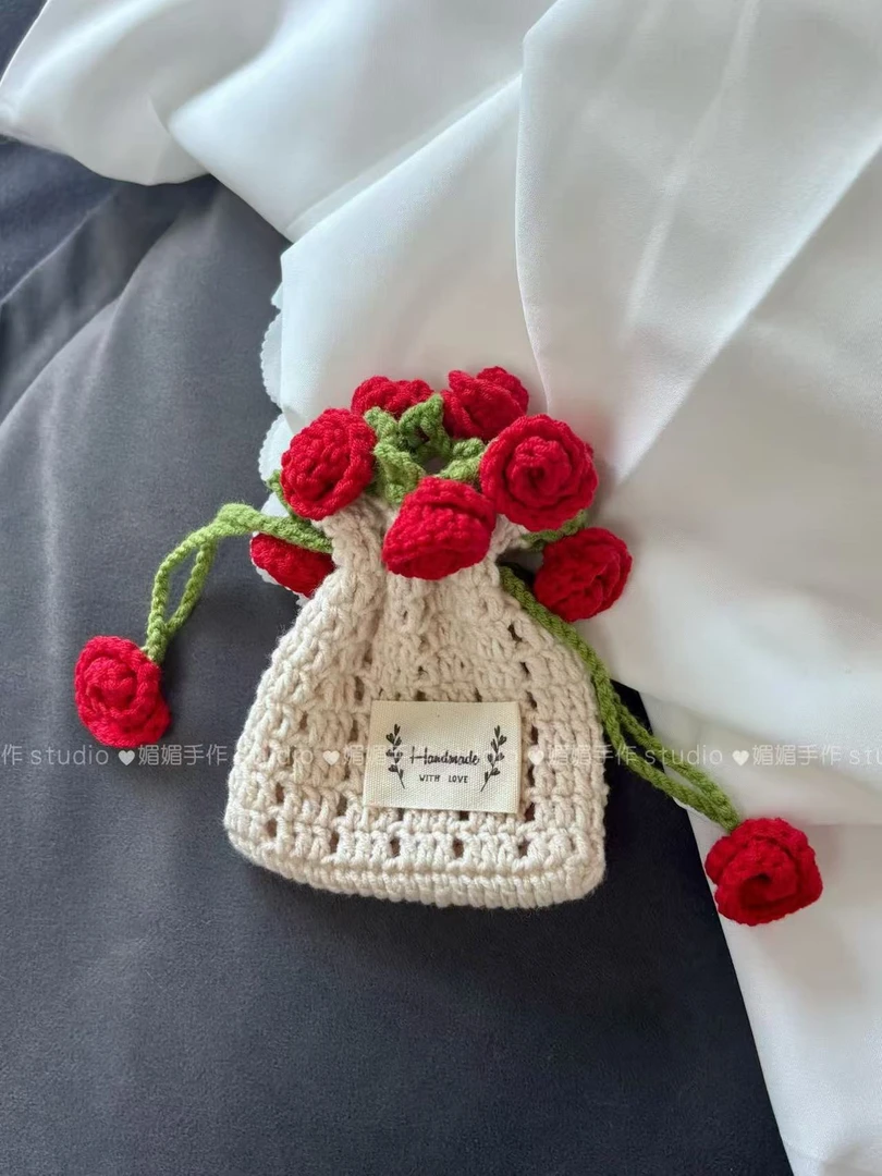 DIY自制钩针毛线编织玫瑰花束口包袋卡包耳机包零钱包礼物可定制