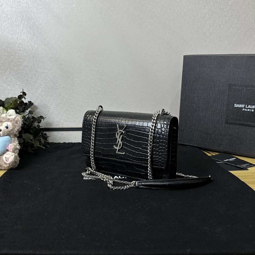 99新 YSL/圣罗兰 壹所奢品/YSL 日落 鳄压纹 mini 黑银 斜挎包