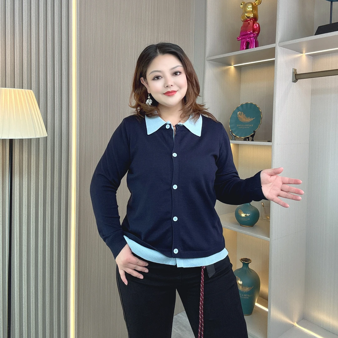 大码女装2025早秋假两件翻领毛衣外套胖mm时尚显瘦长袖针织衫上衣