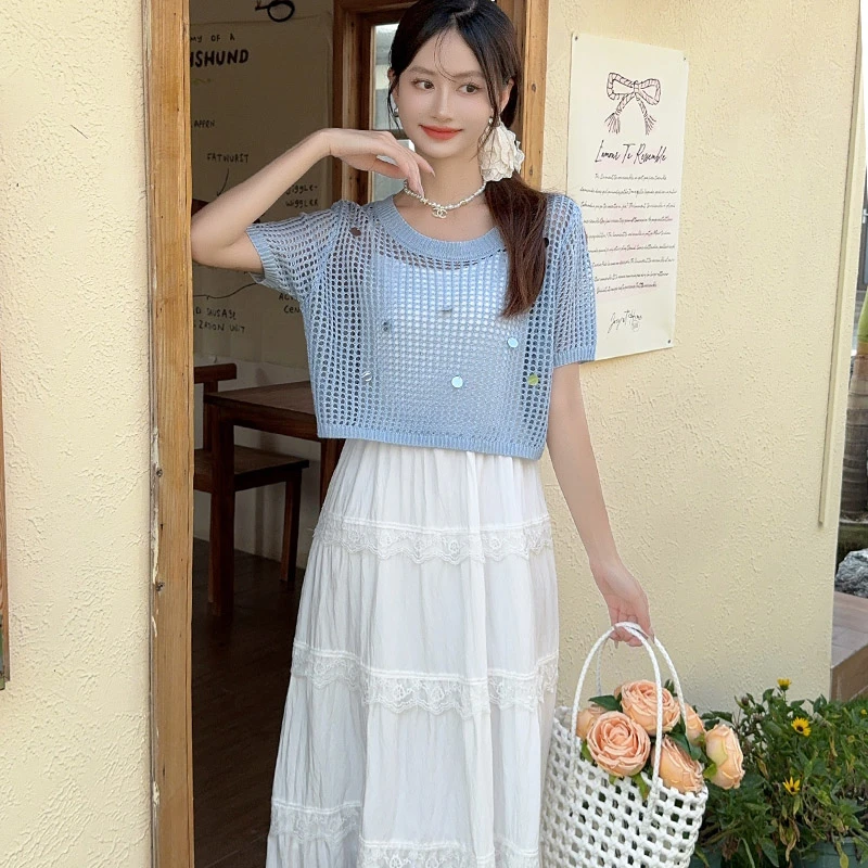 2025夏季新款时尚短袖镂空针织衫吊带连衣裙两件套女显瘦网衫罩衫
