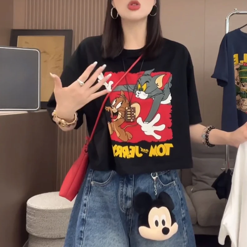 美式短款oversize圆领T恤女2026夏季新款卡通猫和老鼠印花打底衫
