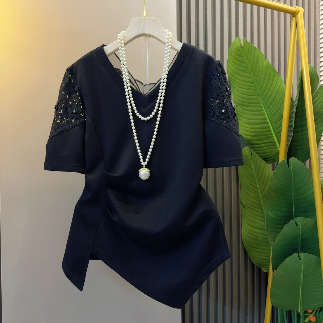 洋气韩系减龄大码胖妹妹夏季新款褶皱设计感打底T恤衣长60左右