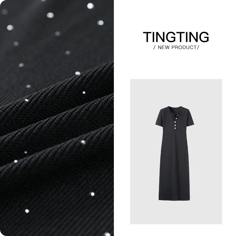 PANG TINGTING“夏日女主”显瘦气质黑色时尚开叉法式日常连衣裙