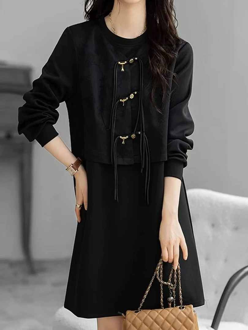 【Q717】套头春秋韩版V领气质连衣裙裙子收腰女装中长款 D5