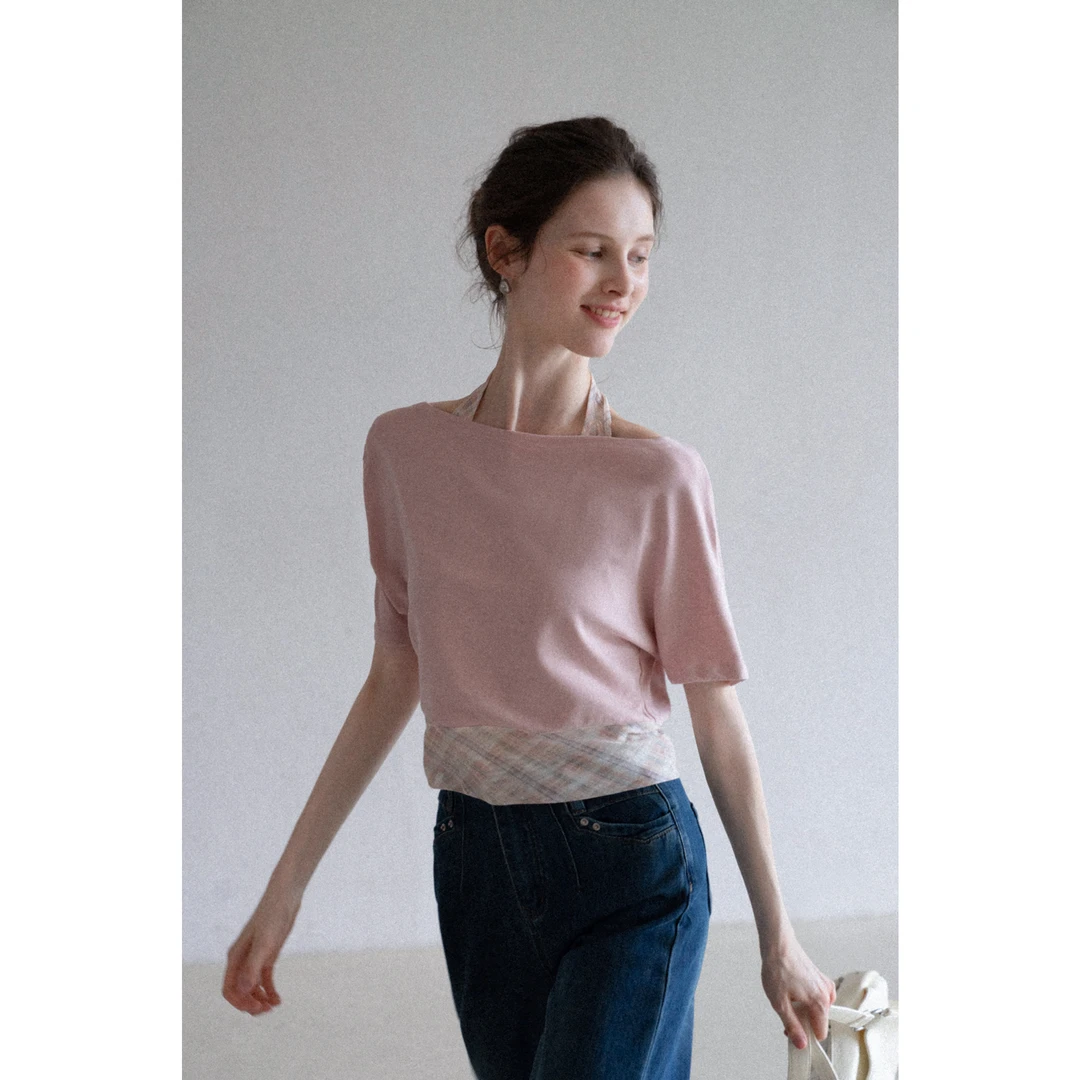 EGGKA 拼网格挂脖假两件短袖T恤E25A3869AF