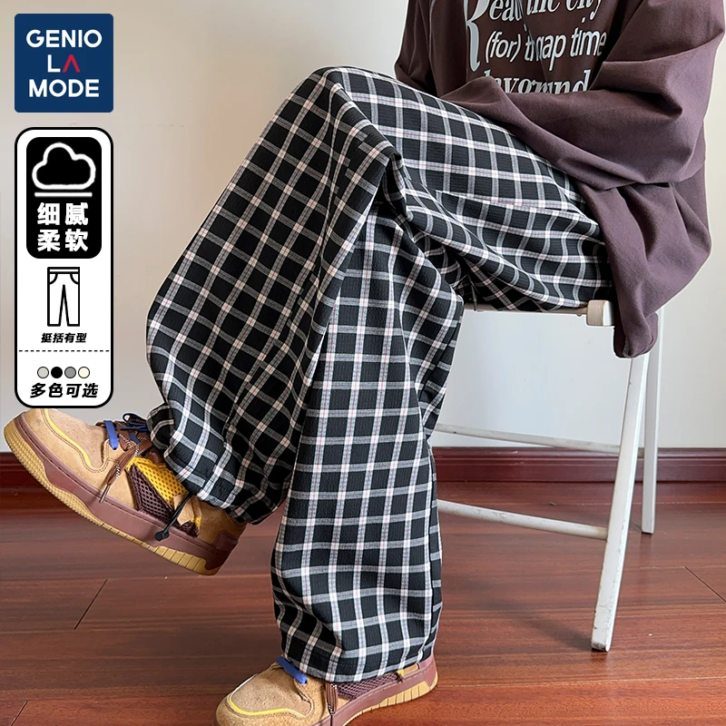GENIO LAMODE格纹休闲裤男女春秋季复古潮流百搭宽松直筒港风长裤