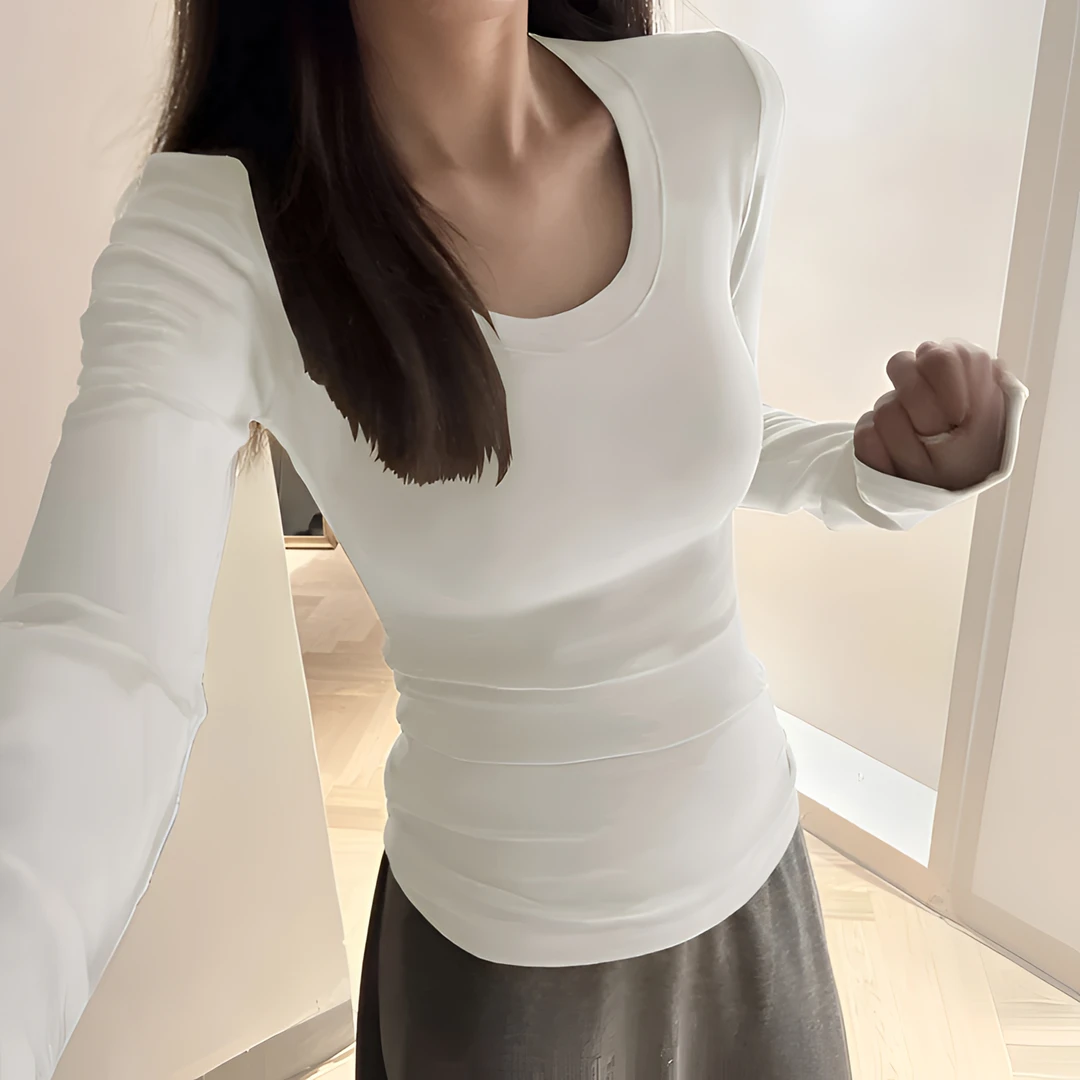 加绒加厚德绒U领长袖打底衫女装内搭T恤秋冬季紧身修身显瘦上衣服