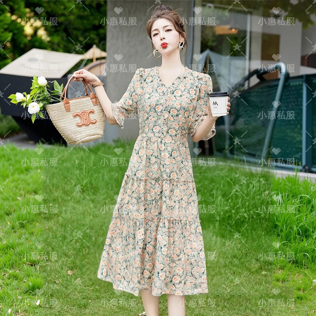 高档印花雪纺短袖连衣裙女2025夏季新款仙女气质收腰显瘦大摆长裙