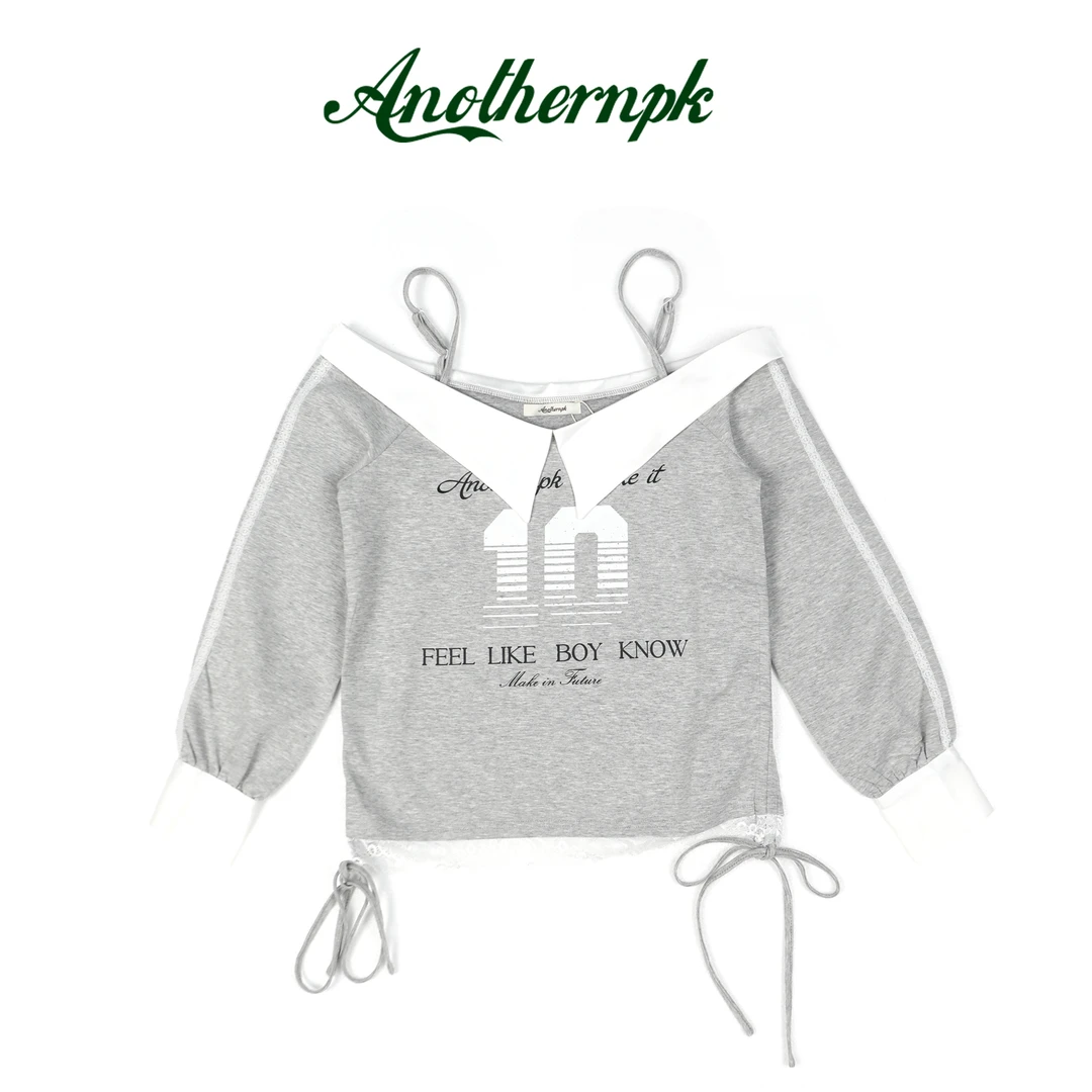 ANPK美式复古一字肩T恤短款假两件时尚宽松百搭长袖A5F02C0282