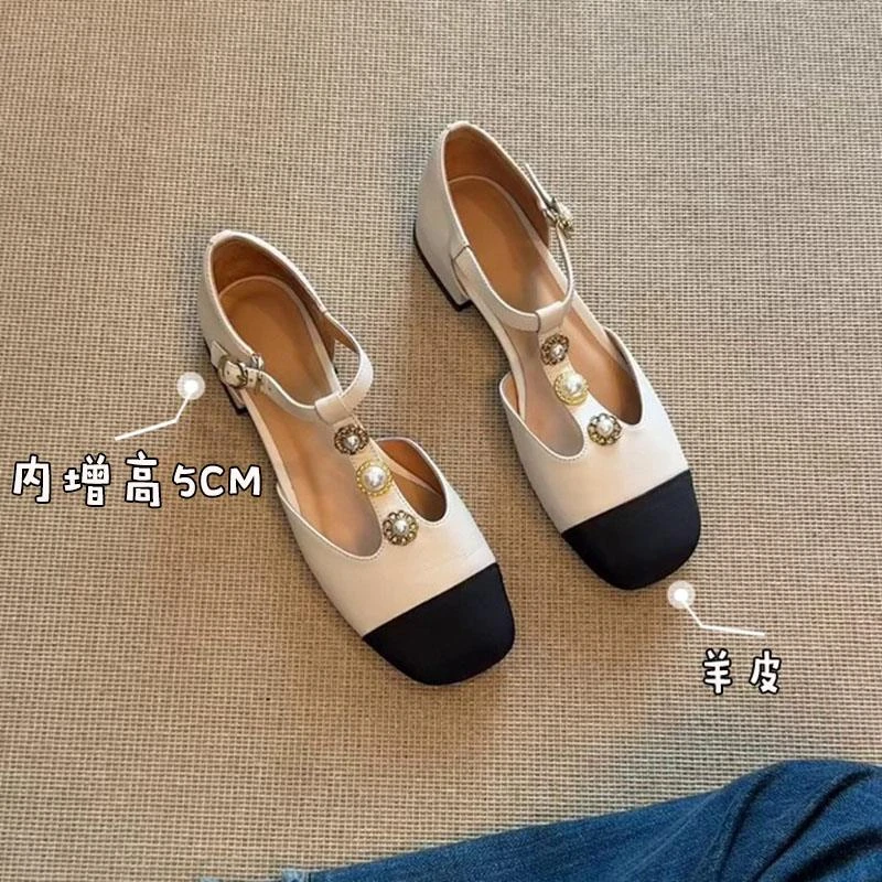 羊皮版~内增高小香风包头凉鞋女新款拼色穆勒鞋法式珍珠单鞋