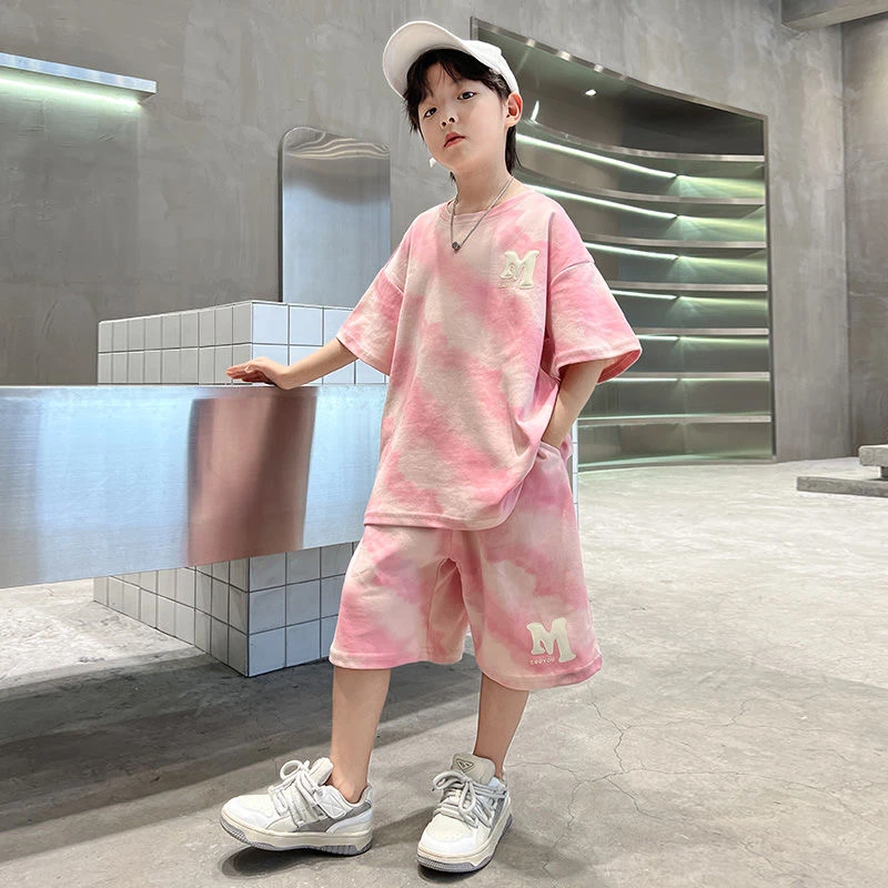 渐变夏装男童女童短袖套装新款儿童短裤两件套洋气时髦女大童衣服