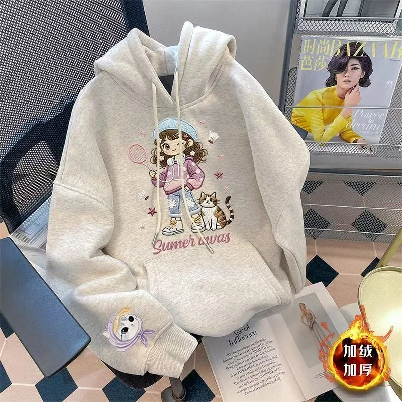 女童卫衣冬款加绒新款2025女孩上衣中大童卡通儿童连帽帅气打底衫