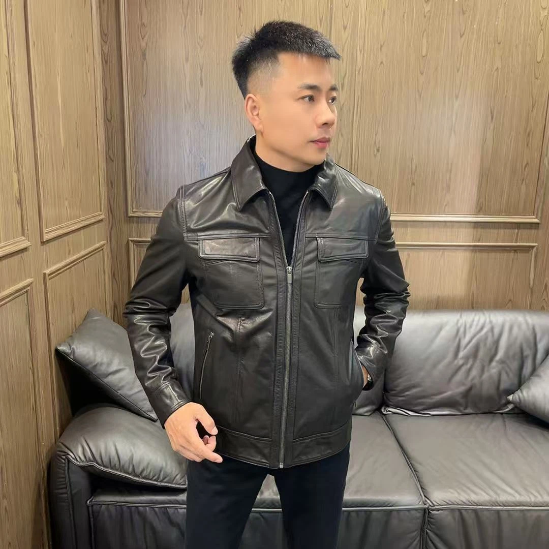 25秋冬99092男士商务休闲简约翻领纯色牛皮皮衣外套