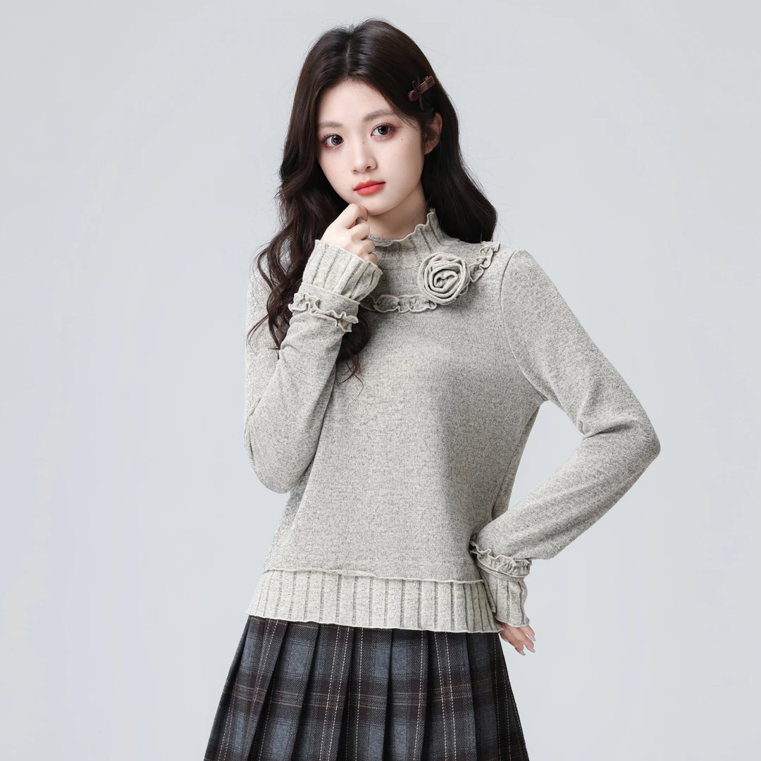 灰色半高领针织衫女秋冬2025冬新款法式木耳边内搭打底衫短款上衣